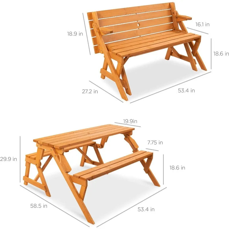 2-in-1 Transforming Wooden Picnic Table/Garden Bench